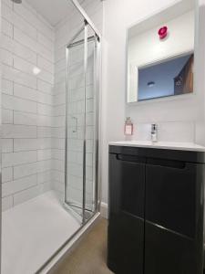a bathroom with a shower and a sink at Coach House Accommodation - Room 2 in Carrick on Shannon