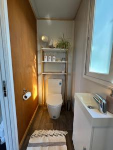a small bathroom with a toilet and a sink at Pōhutukawa Studio in Tauranga
