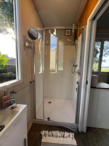 a shower with a glass door in a bathroom at Pōhutukawa Studio in Tauranga