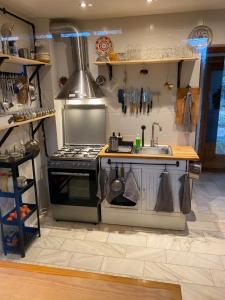 a kitchen with a stove and a sink at Bohemian Chalet in Buşteni