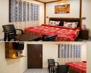 two pictures of a room with a bed and chairs at Trinetra Himalayan Stay in Phata +8 photos