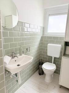 a bathroom with a sink and a toilet at Helló Zsóry Apartman in Mezőkövesd