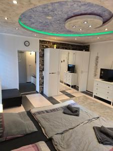 a room with a bed and a green ceiling at Gästehaus an der Bode wahlweise mit Halbpension PLUS in Braunlage