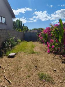 a backyard with pink flowers and a fence at Villa Marie in Nosy Be +2 photos