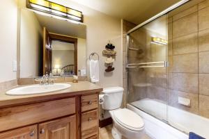 a bathroom with a toilet and a sink and a shower at The Pines 206 in Steamboat Springs +31 photos