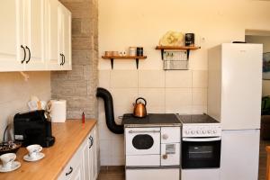 a kitchen with a white refrigerator and a stove at Lakuša Retreat in Latin