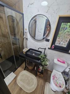 a bathroom with a sink and a mirror at Căsuța din pădure KSIM in Curtea de Argeş +65 photos