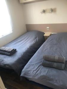 two beds sitting next to each other in a bedroom at Omaha beach mobilhome in Colleville-sur-Mer
