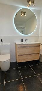 a bathroom with a sink and a toilet and a mirror at Waves Kaikoura Waterfront Apartment #1 in Kaikoura