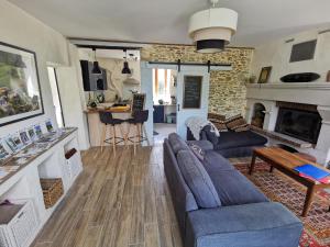 a living room with a couch and a fireplace at Ferme du ru paisible in Tournières