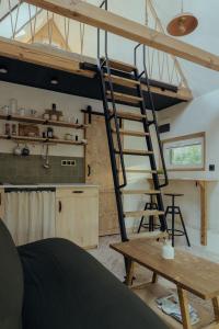 a loft conversion with a ladder and a table at A Házikó in Balatonederics