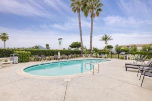 a swimming pool with chairs and palm trees at SureStay by Best Western Morgan Hill in Morgan Hill