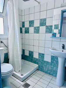 a bathroom with a shower and a toilet and a sink at Doma by Kristina in Chrysi Ammoudia