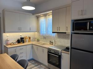a kitchen with white cabinets and a black appliances at Eleni village House in Kamena Vourla +13 photos