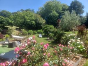 a garden with pink flowers and a hammock at les Arômes in Locronan +7 photos