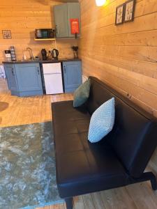 a couch in a living room with a kitchen at Tobys Lodge in Laragh +5 photos
