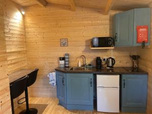 a kitchen with blue cabinets and a sink in a cabin at Tobys Lodge in Laragh