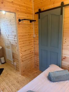 a bedroom with a blue door and a wooden wall at Tobys Lodge in Laragh