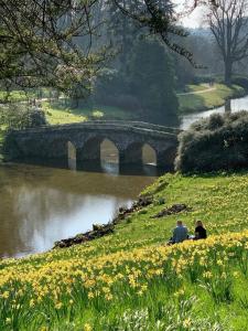 two people sitting on the grass near a river with a bridge at Coach House Hideaway in Warminster