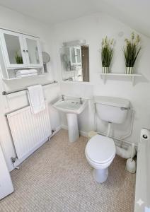 a white bathroom with a toilet and a sink at Coach House Hideaway in Warminster +12 photos