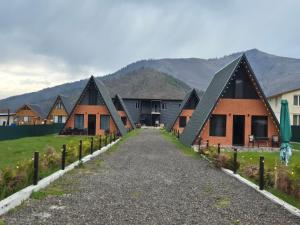 a row of houses with mountains in the background at Emerald Cottages in Borjomi