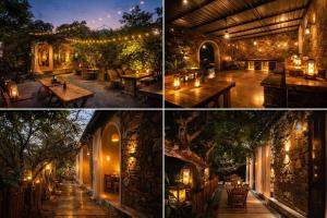 a series of four pictures of a restaurant with tables and lights at Shannu's Ranch Inn in Pushkar