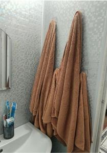 a bathroom with two brown towels hanging on a wall at 2 кімнатні апартаменти в центрі міста in Pavlohrad