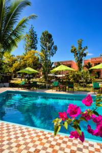 a swimming pool with blue water and pink flowers at The Sanctuary MADAGASCAR in Foulpointe