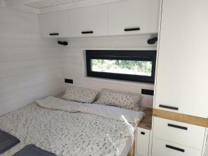 a bed in a tiny house with a window at Tiny House Scarlet in Dziemiany