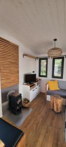 a living room with a couch and a stove at Tiny House Scarlet in Dziemiany