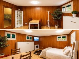 two pictures of a bedroom with a bed and a dining room at The Swiss Paradise 3 Cozy Mountain Studio in Wirzweli +16 photos