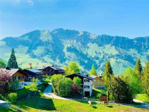 a village with houses and mountains in the background at The Swiss Paradise 3 Cozy Mountain Studio in Wirzweli