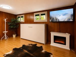 a living room with a fireplace and a flat screen tv at The Swiss Paradise 3 Cozy Mountain Studio in Wirzweli