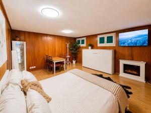 a living room with a couch and a fireplace at The Swiss Paradise 3 Cozy Mountain Studio in Wirzweli