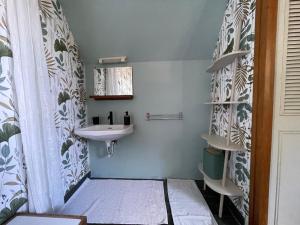 a small bathroom with a sink and a window at Chambre à louer face a la plage de Beaumer in Carnac