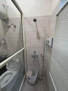 a bathroom with a shower and a toilet and a sink at new vintage penthouse in Bhowāli