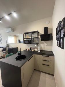 a kitchen with a counter with a sink in it at Marilux oasi di relax in Marina di Carrara +16 photos