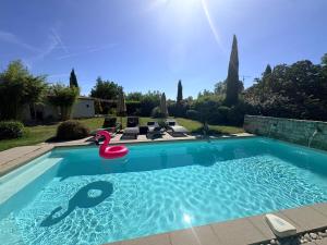 a swimming pool with a swan float in the water at Villa dolce vita in Nans-les-Pins +31 photos