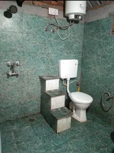 a bathroom with a toilet in a green wall at EcoGlampLife in Kalgha