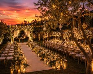 an outdoor wedding with candles and chairs and lights at Maison Palms in Mesaria