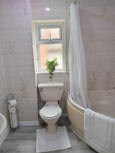 a bathroom with a toilet and a window and a tub at Rowan House Rotherham in Rotherham