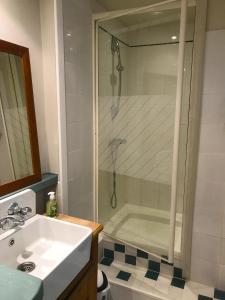a bathroom with a shower and a sink and a tub at Le Rebond in Pommerit-le-Vicomte