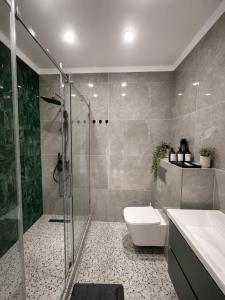 a bathroom with a shower and a toilet and a sink at Souluna lodge in Chyrpykty +42 photos