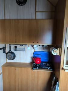 a kitchen with a tea pot on a stove at Hausbót Slapy in Dublovice +8 photos
