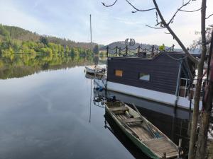 a boat is docked at a dock in the water at Hausbót Slapy in Dublovice