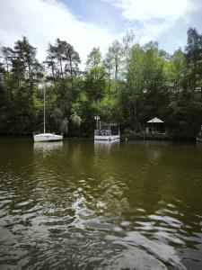 two boats sitting in a body of water at Hausbót Slapy in Dublovice