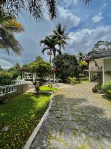 a walkway in front of a house with palm trees at Kandy Living Homestay in Kandy