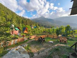 a group of horses in a field with mountains in the background at EcoGlampLife in Kalgha