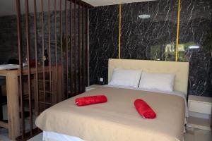 a bed with two red pillows on top of it at La Casa Di Martin in Ulcinj