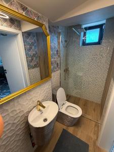 a bathroom with a sink and a toilet and a mirror at GZP Residence Lugoj 13 in Lugoj